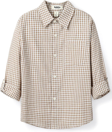 Boys Plaid Button Down Shirt Long Sleeve Lightweight Flannel Checkered Dress Shirts with Chest Pocket Gingham