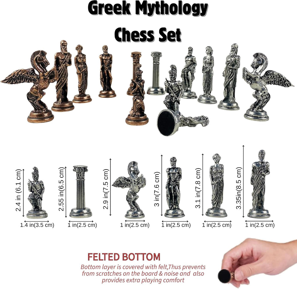 Premium Handmade Chess Set with Storage Drawer- Ancient Greek Mythology Themed Metal Chess Pieces- 15" Personalizable
