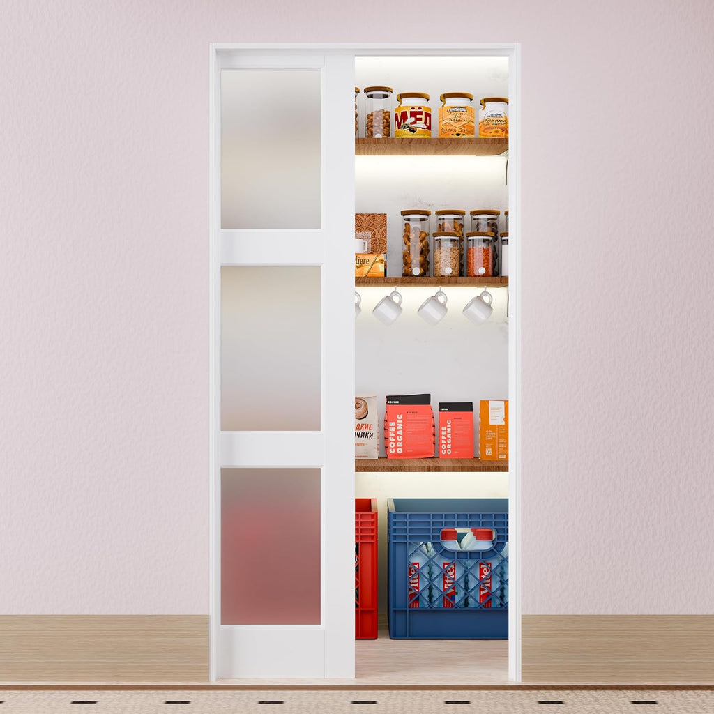 32 in. x 80 in. Sliding Pocket Door, 3-Lite Frosted Glass Interior Door with Frame and Hardware Kit 