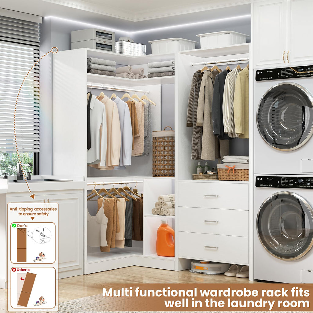 Closet System with 3 Drawers, 2 Hanging Rods & Corner Tower, Corner Closet System with Hanging, L-Shaped Walk-In
