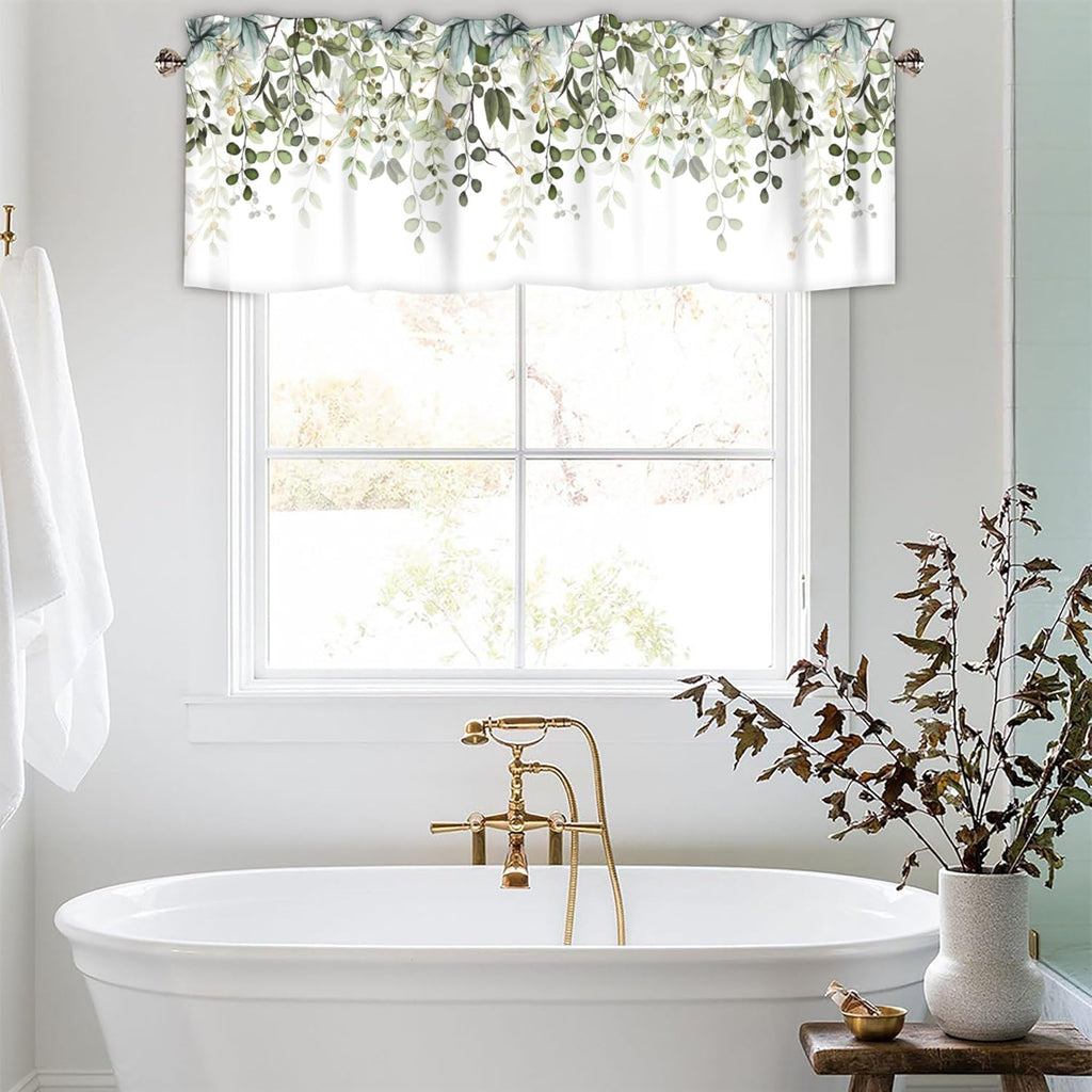Sage Green Eucalyptus Leaves Curtain Valance for Windows Watercolor Window Treatments 1 Panel Short Curtains for