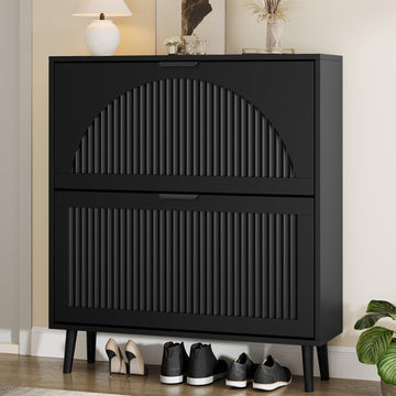 Shoe Storage Cabinet with 2 Flip Drawers, Narrow Wood Shoe Organizer Cabinet with Fluted Panel, Slim Shoe Rack