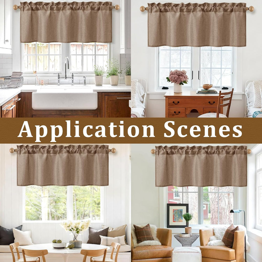 Faux Linen Window Valance - Khaki Light Filtering Rod Pocket Farmhouse Valances , 42x12 Inch, 1 Panel