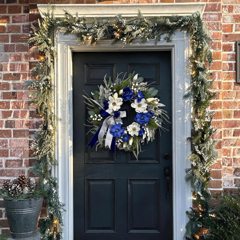 24 Inch Blue Magnolia Winter Door Wreath with Bow & Silver Ornaments