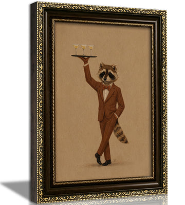 Vintage Framed Bar Wall Art Elegant Raccoon with Wine Glass Wall Decor Antique Funny Animal Canvas Painting Picture