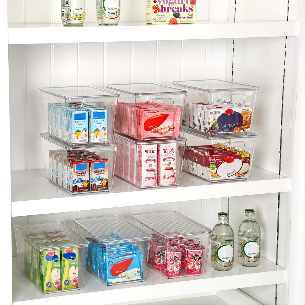 6 Pack Clear Stackable Storage Bins with Lids and Handles, Medium