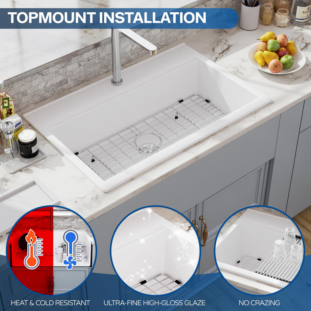 33 White Fireclay Workstation, Drop In Porcelain Ceramic 33x22 inch White Sink Ledge Accessories Above Counter Single