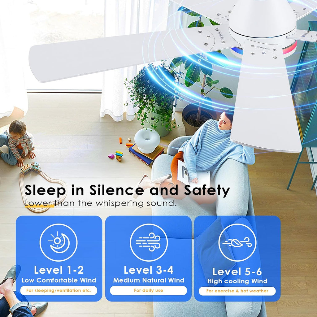 52" Flush Mount RGB Ceiling Fans with Lights - White Low Profile Ceiling Fan Light with Remote/APP, RGB+3CCT 6 Wind Speeds and Reversible, Modern Fan Light Fixture for Party, Kiad's Room A101-B0DTH6C8CD