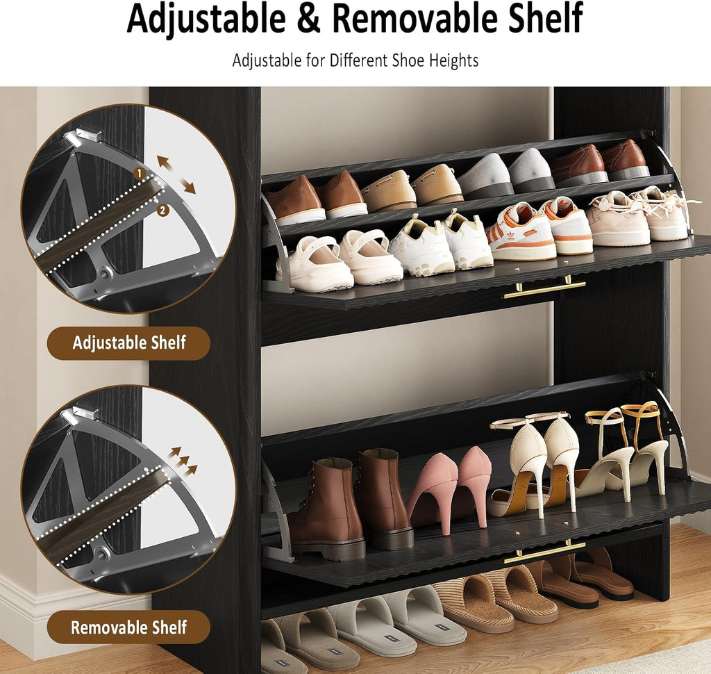 Fluted Shoe Storage Cabinet , Narrow Wooden Shoe Cabinet with 2 Flip Drawers & Pull-Out Drawer, Modern Freestanding