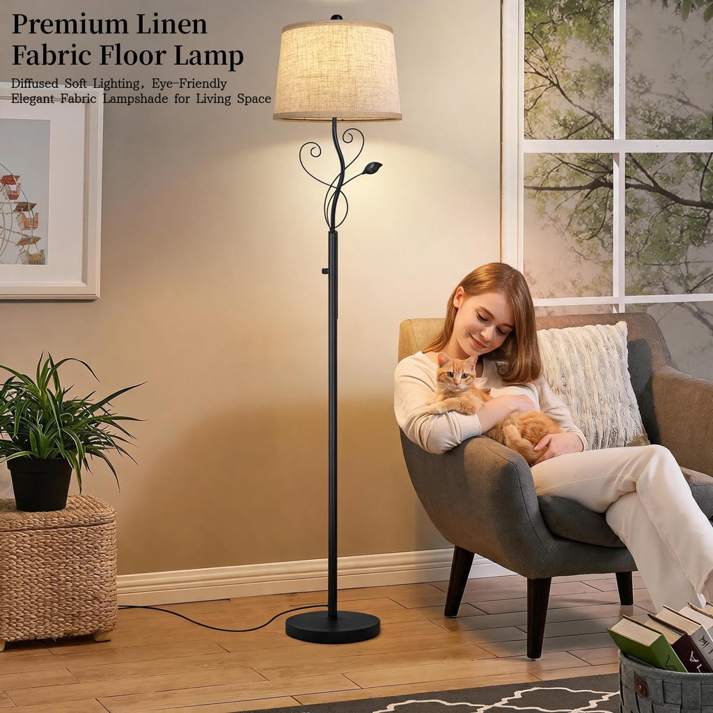 63'' Rustic Floor Lamps Decor with Rotary Dimmer, Black Leaf Tall Lamp with Linen Sade Dimmable Bulb Included