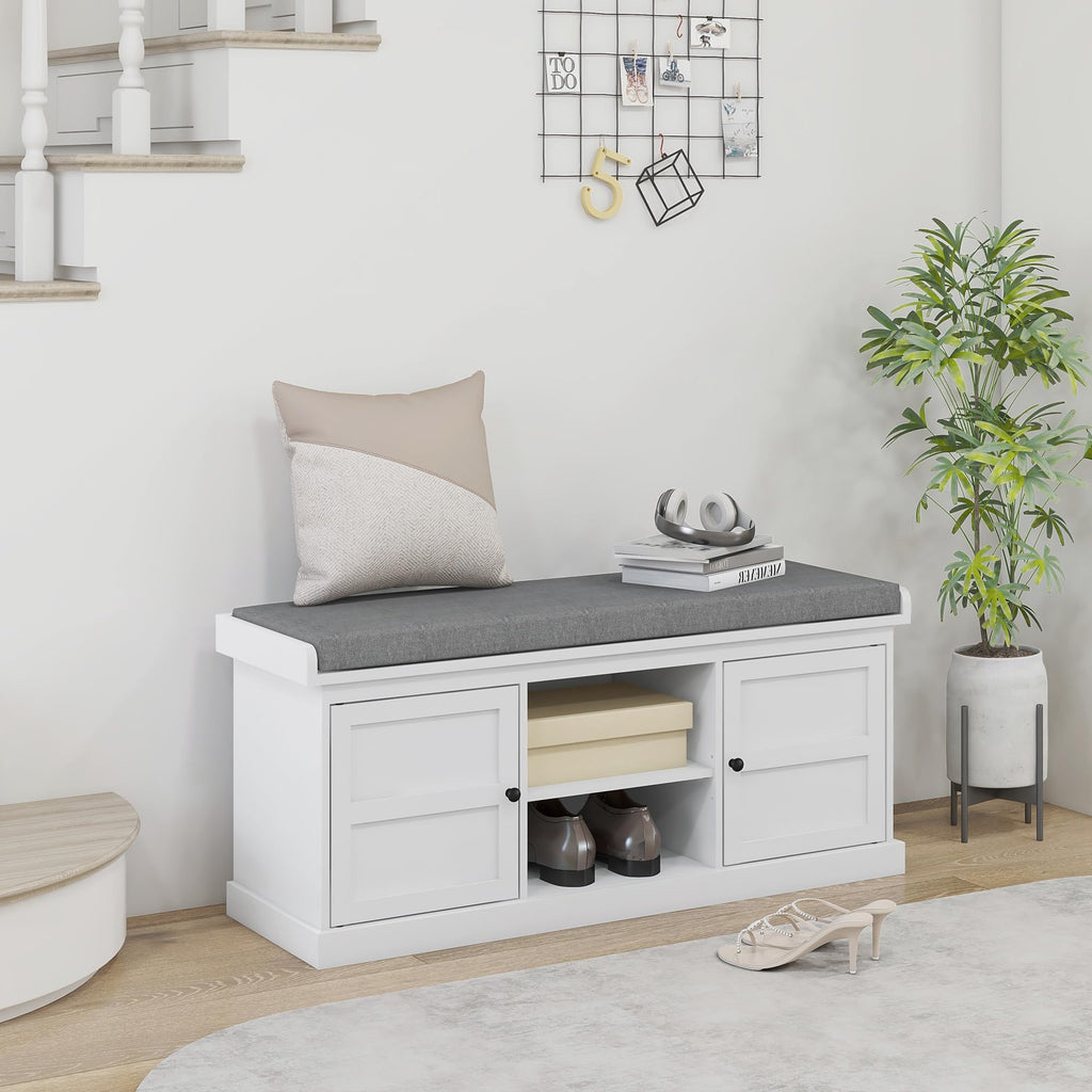 Shoe Bench with Cushion Storage Bench White