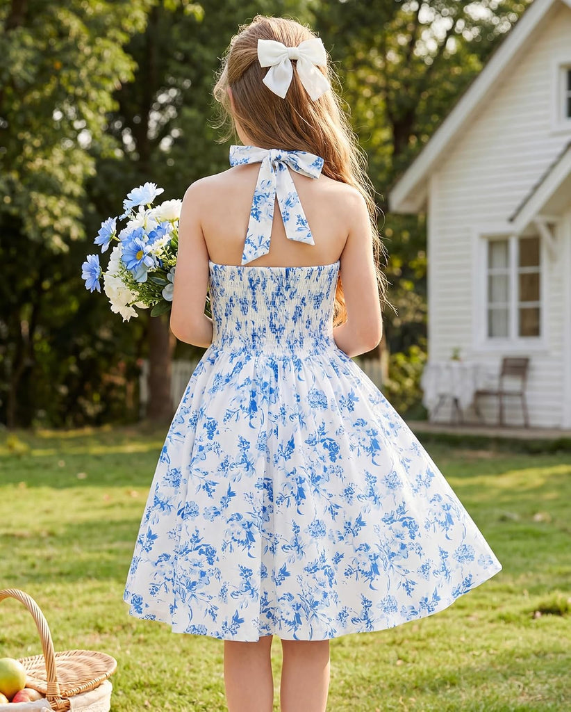 Girls Floral Summer Spring Halter Tie Back Dresses