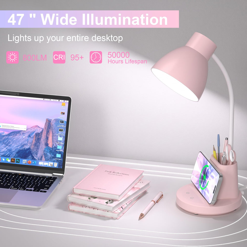 10W Wireless Charging LED Desk Lamp with Pen Holder, CRI 95, Pink