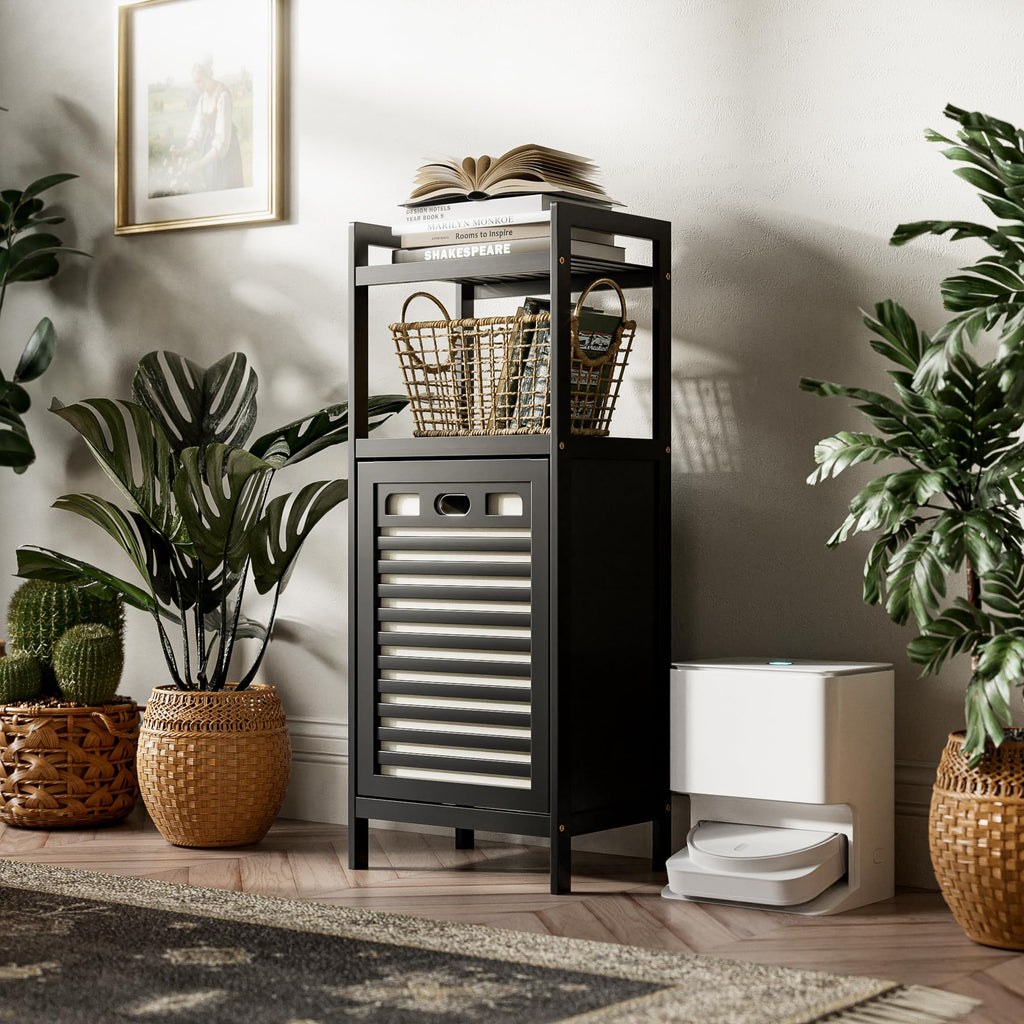Tilt Out Laundry Hamper, Bamboo Bathroom Cabinet with Pull Out Removable Bag and 2 Tier Storage Shelves, 10 Gal