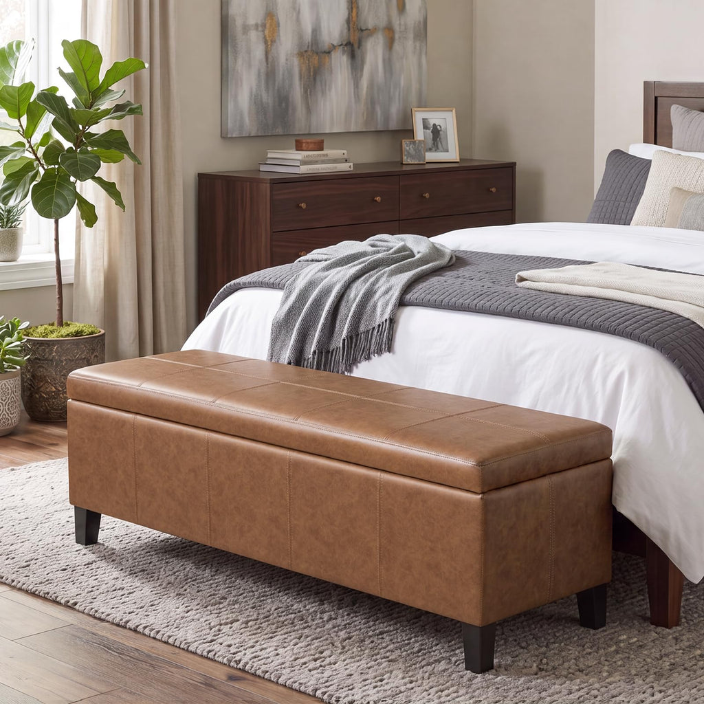 Faux Leather Storage Bench Ottoman, 50 Inch Upholstered Storage Bench with Large Compartment, Durable Accent Seating