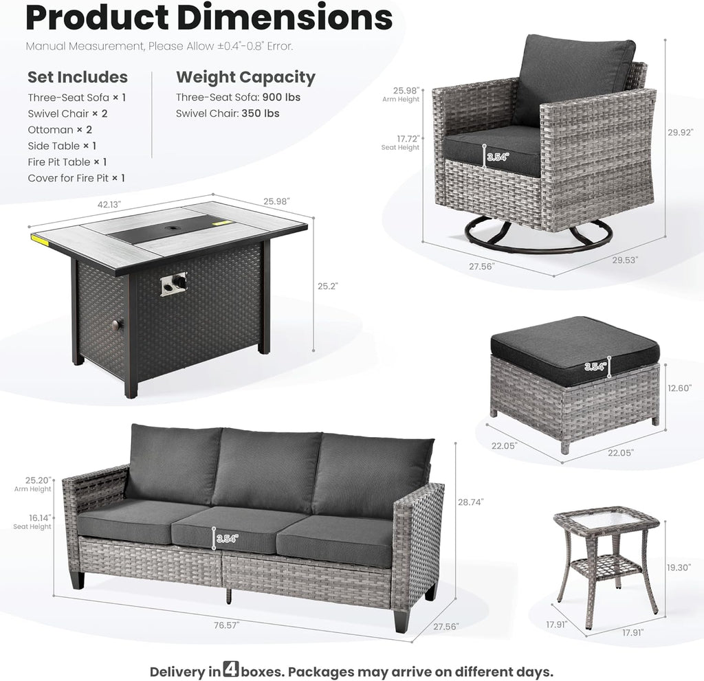 7 Pieces Patio Furniture Set with 42" Fire Pit Table, Outdoor Wicker Sofa with Swivel Chairs
