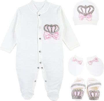 Baby Girl Jewels Crown Layette 4 Piece Gift Set Pink