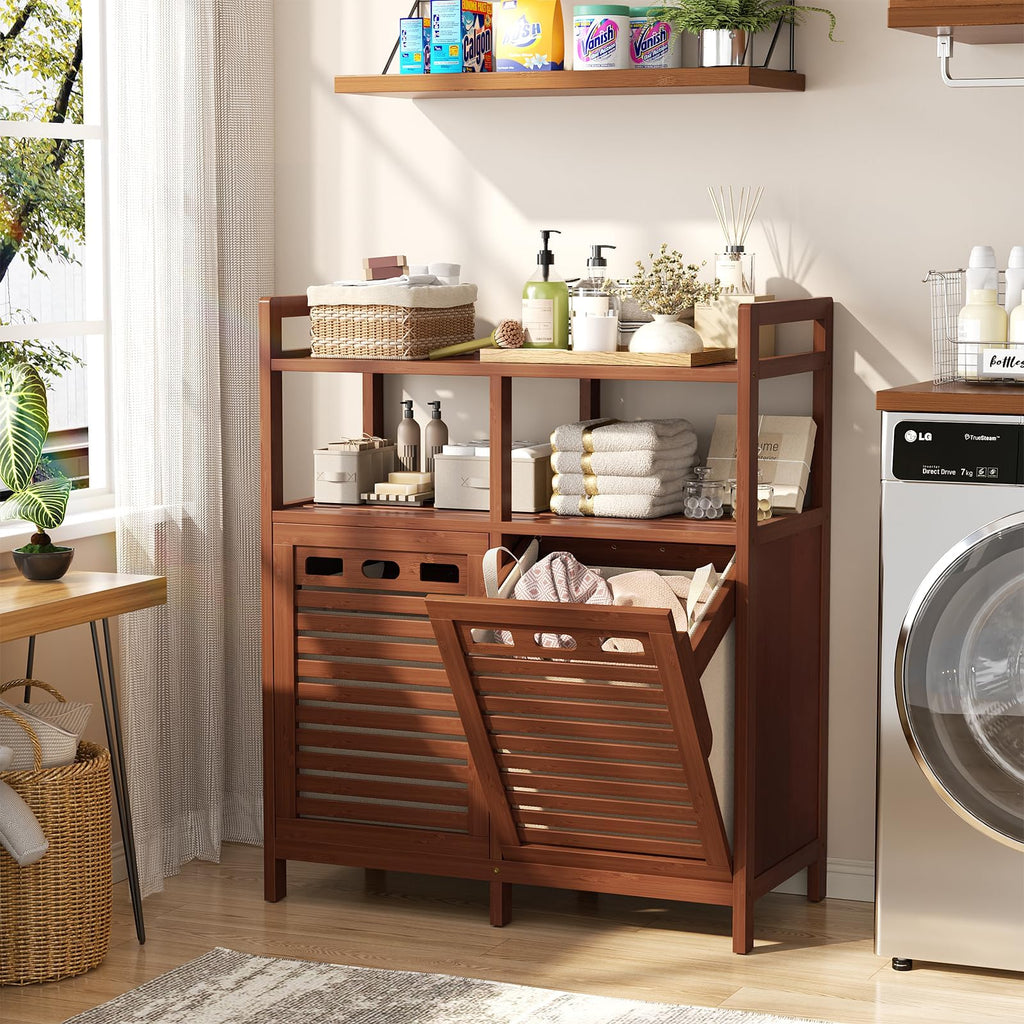 Bamboo Double Tilt Out Laundry Hamper Cabinet with 2 Bags, Walnut