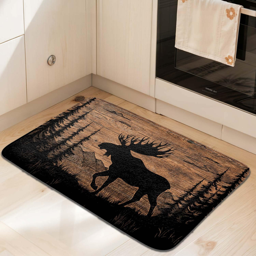 Moose in Pine Forest Wood Style Bath Mat 17X29IN