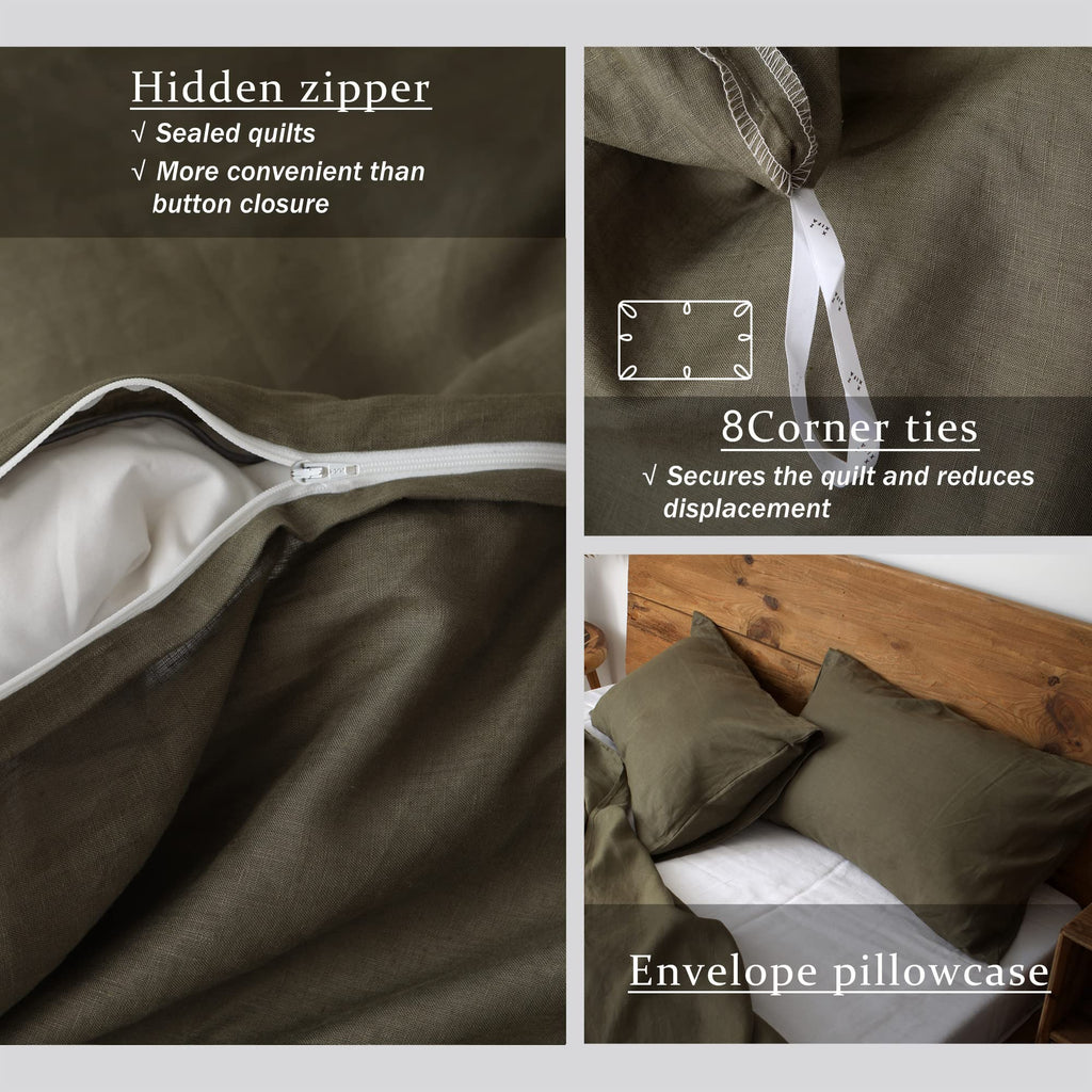 100% Washed French Flax Linen Duvet Cover Set - 3 Pieces, Cooling & Textured Farmhouse Bedding for Hot Sleepers, with