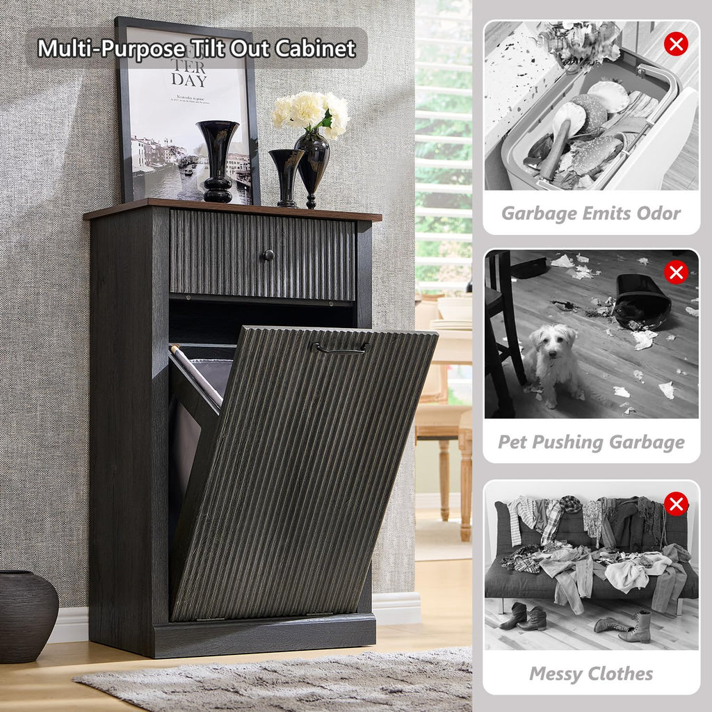 Tilt Out Laundry Hamper Cabinet, Modern Trash Can Cabinet, Dark Gray