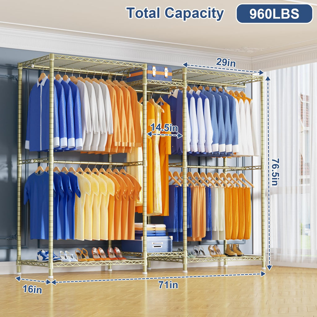 E12 Pro Clothes Rack, Heavy Duty Freestanding Garment Rack with Shelves, Metal Clothing Closet Storage System for