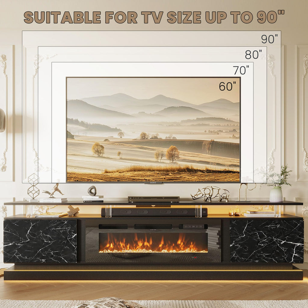 80" Modern Fireplace TV Stand Entertainment Center, Marble Black