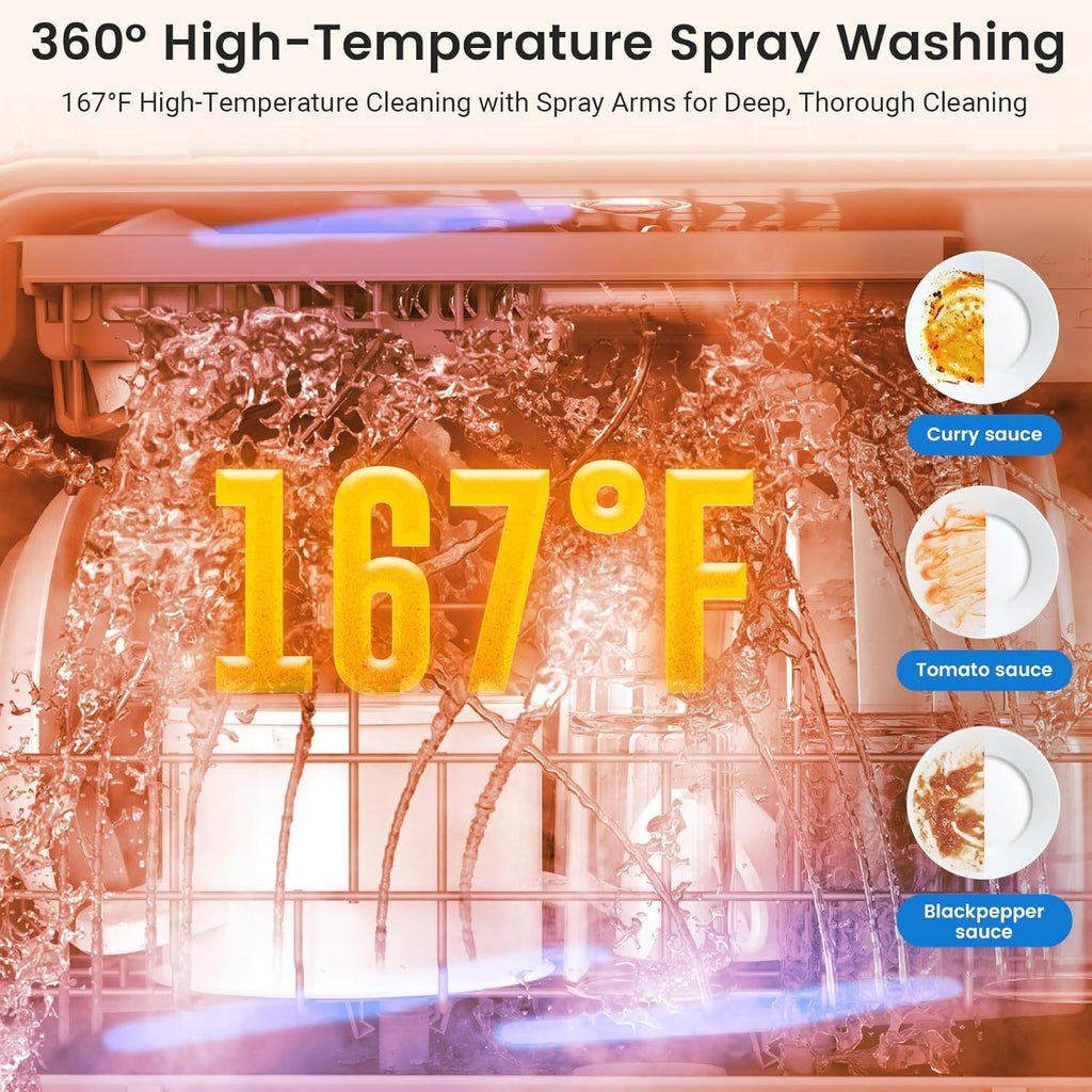 Countertop Portable Mini Dishwasher, 9 Programs,167℉ High-Temp, Hot Air Drying, Air Refresh, 360° 3 Spray, 24H Timing