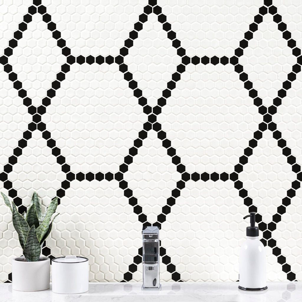 Porcelain Wall Tile | White and Black Hive Pattern | 11.73" x 11.85"