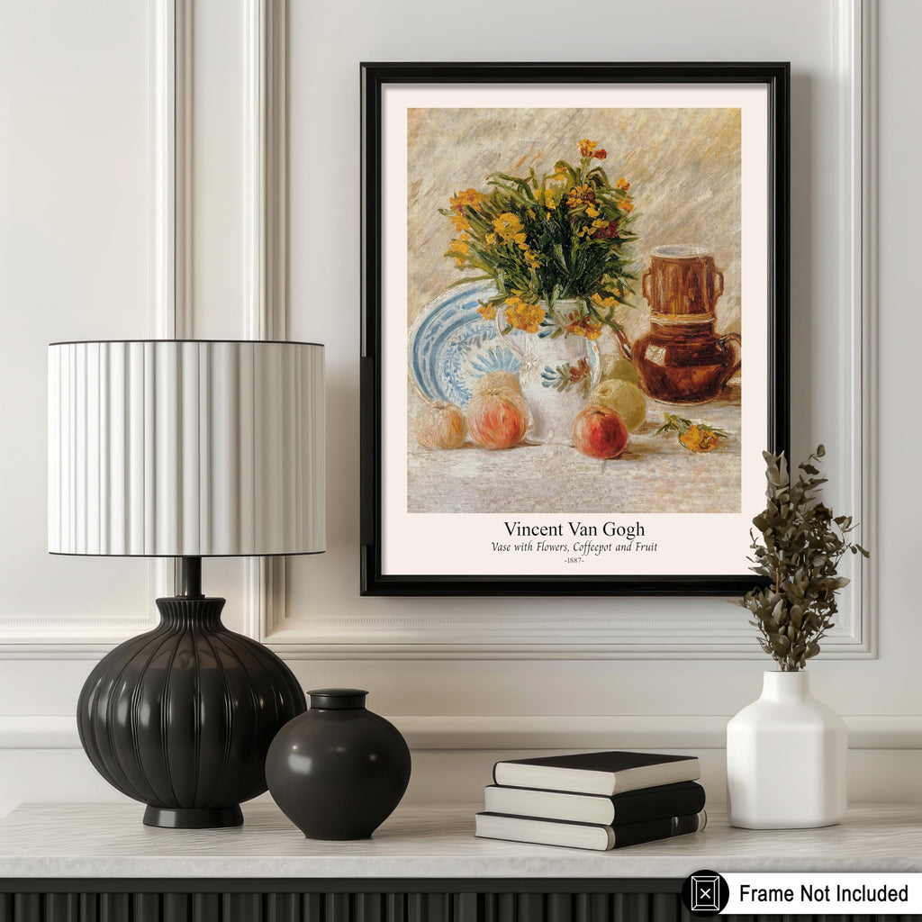 Art Vintage Van Gogh Poster - Retro Vase with Flowers Coffee Pot and Fruit Print - Impressionism Art - Classic