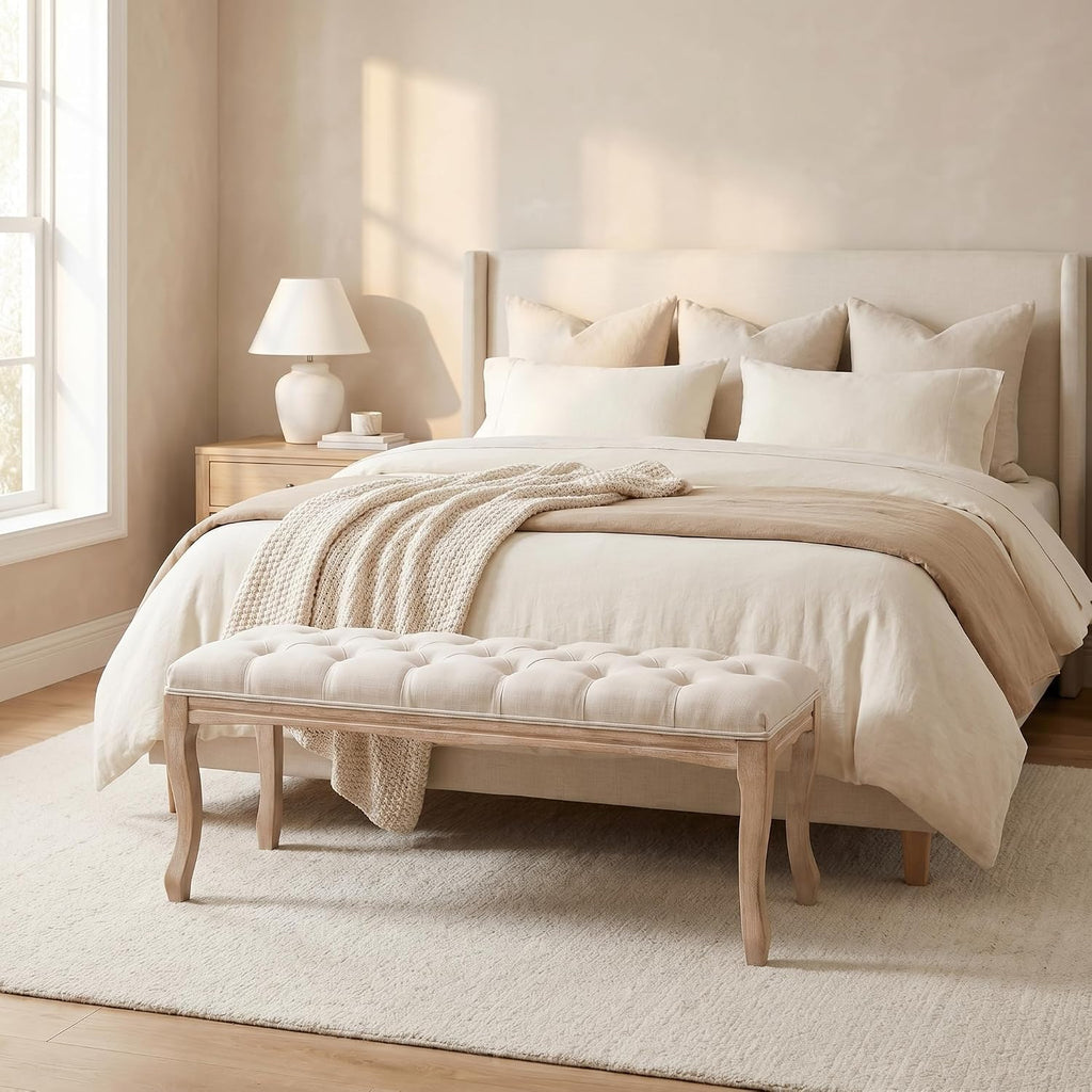 French Vintage Tufted End of Bed Bench, Linen Upholstered | 43.4"L × 15.02"W × 19"H, 330 lbs, Rubberwood legs