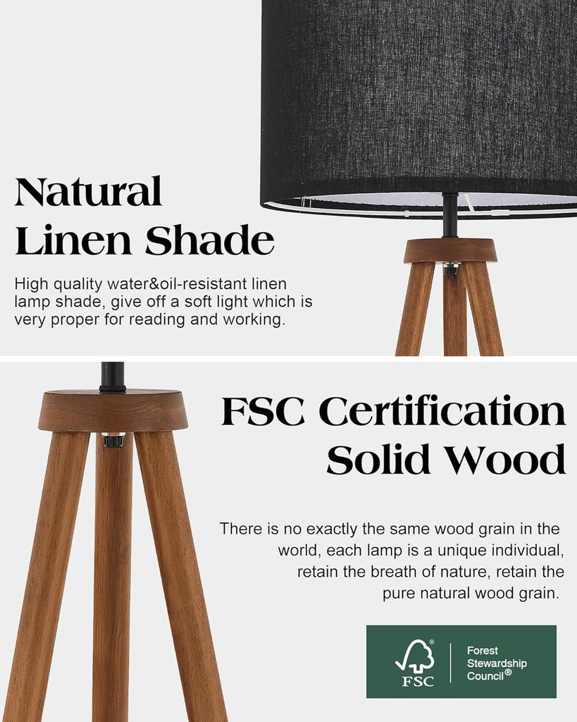 Wood Tripod Floor Lamp Modern Standing Lamp with Black Drum Shade, Industrial Tall Reading Lamp Living Room Bedroom