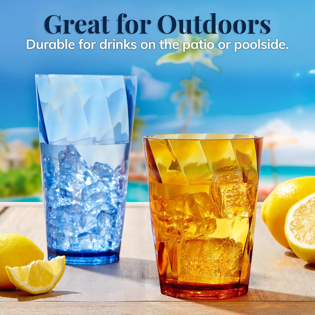 Optix Plastic Reusable Drinking Glasses (Set of 16) 14oz Rocks & 20oz Water Cups in Jewel Tone Colors | BPA-Free