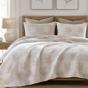Cotton Quilt Set, Coastal Reversible Bedding, Linen