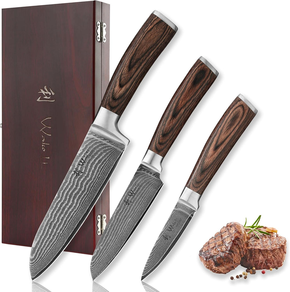 3-Piece Damascus Kitchen Knife Set in Wooden Gift Box | VG10 core, 67 layers genuine Damascus steel, 60 HRC, 7-inch