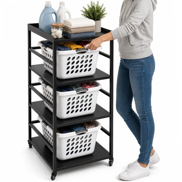 4-Tire Laundry Basket Holder Storage Shelf, Metal Stackable Laundry Sorter
