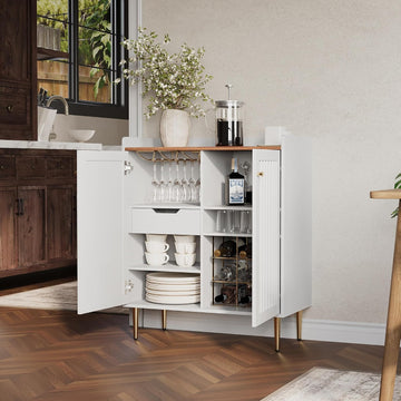Modern 32 inch Wide Coffee Bar Cabinet with Wine Storage, Liquor Cabinet with Glass Holder & Grid Rack, Fluted