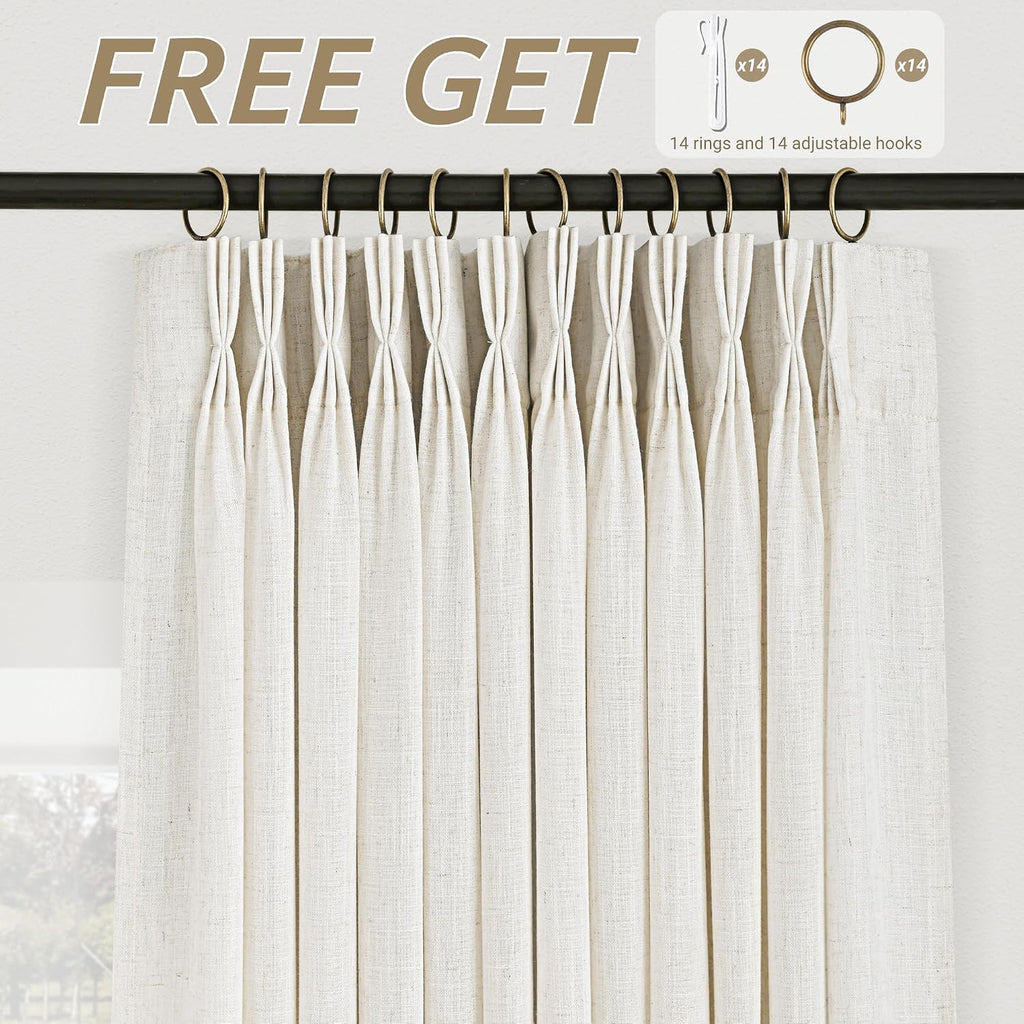 Triple Pinch Pleated 86 inch Long Linen Curtains 2 Panels Set Track System Curtains Neutral Modern Farmhouse Light