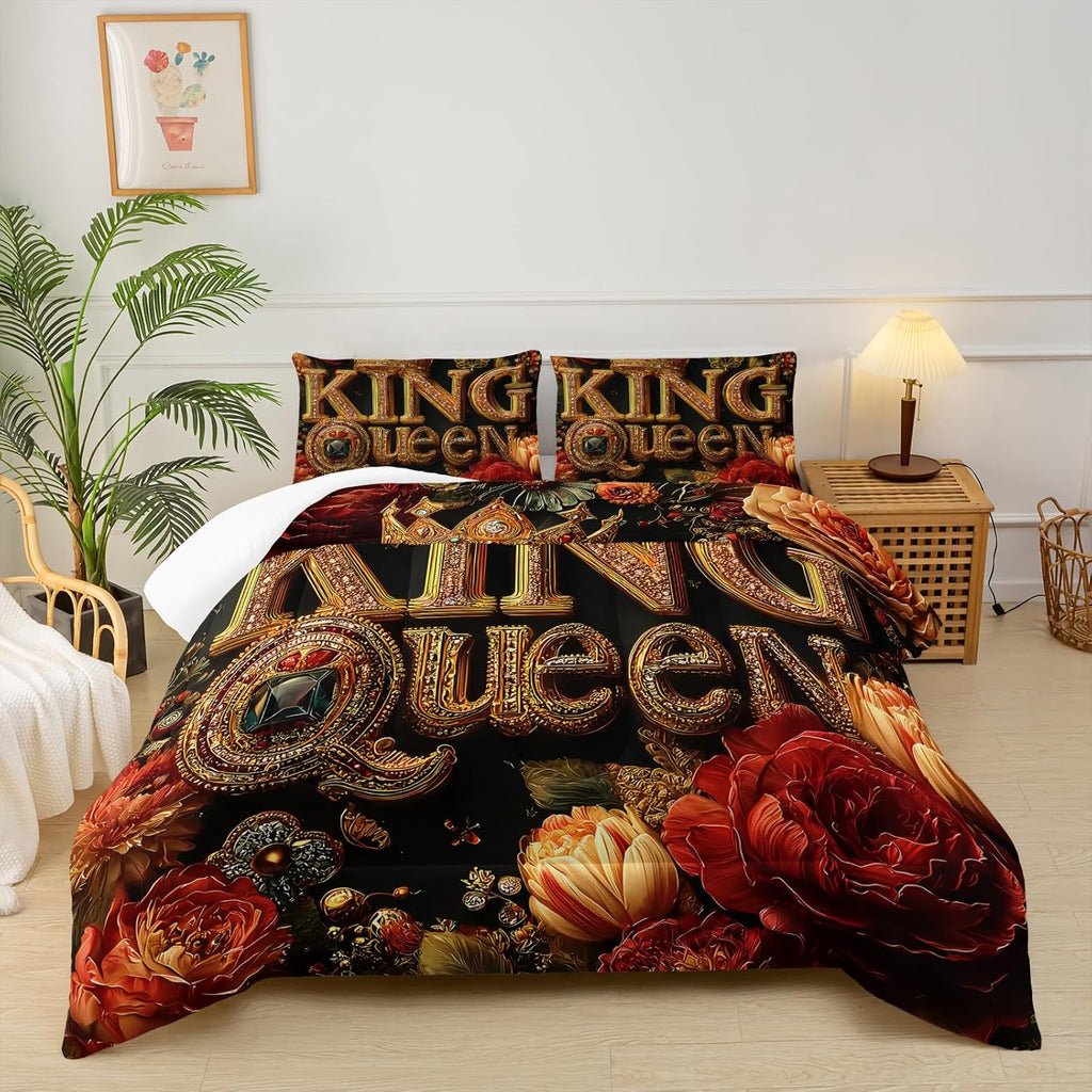 King and Queen Comforter Set Black and Gold，King and Queen Bedding Set，Red Floral Quilt Set Queen，with 1 Comforter