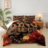 King and Queen Comforter Set Black and Gold，King and Queen Bedding Set，Red Floral Quilt Set Queen，with 1 Comforter