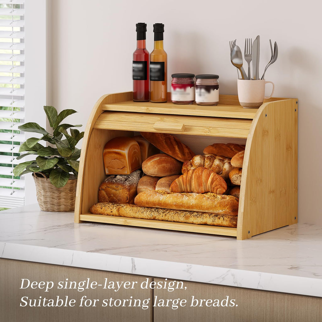 Countertop, Bamboo Bread Storage, Double-Layer Roll-Top Bread Container, Farmhouse Bread Holder made Bread (Natural