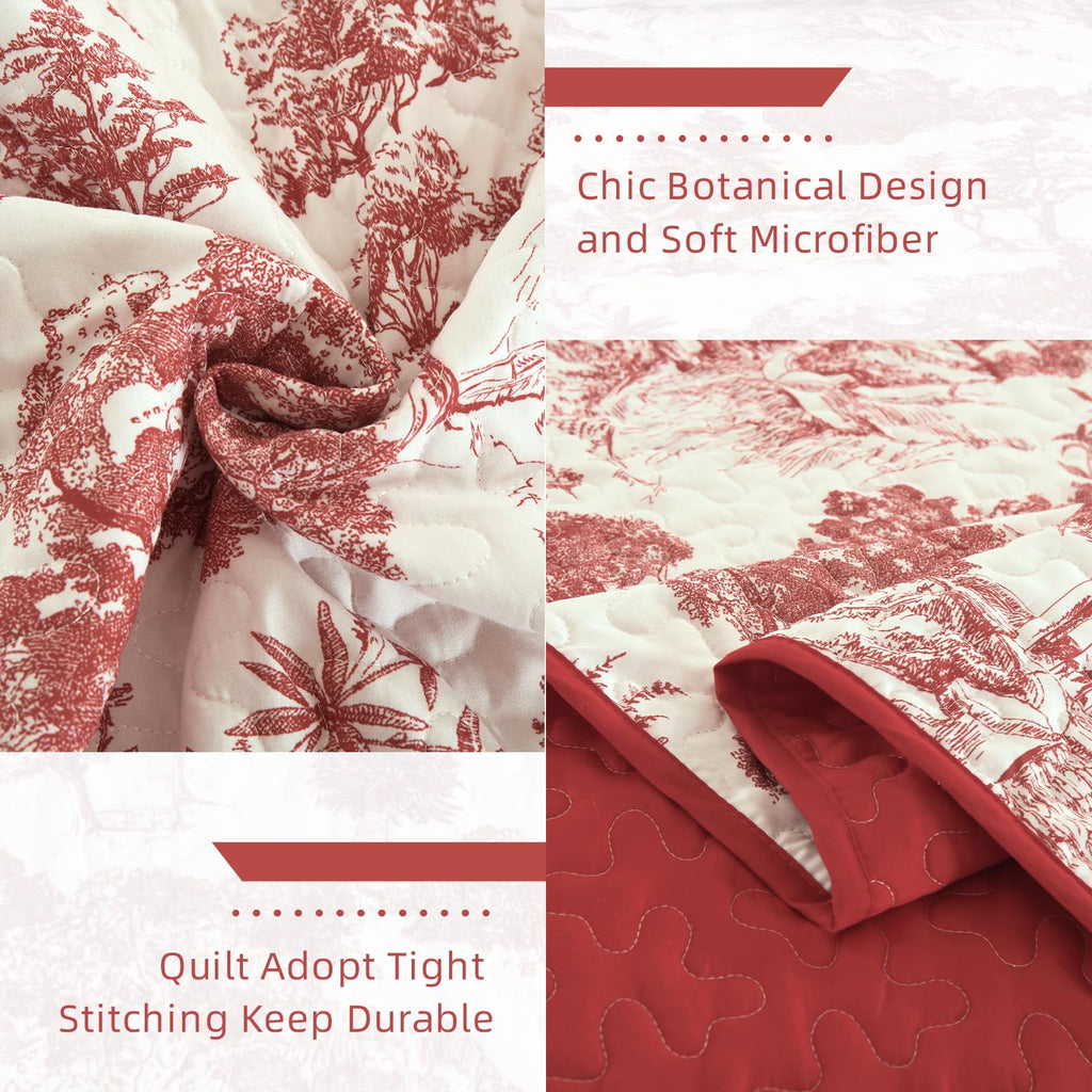 Quilt Set Queen, Botanical Floral Bedspread, Christmas Red
