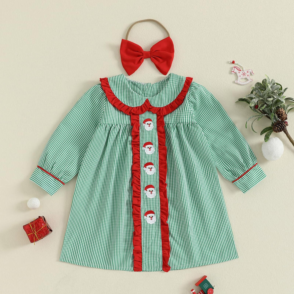 Christmas Toddler Baby Girl Outfit Plaid Smocked Dress Long Sleeve Collar Dress Fall Winter Cute Dresses for Girls
