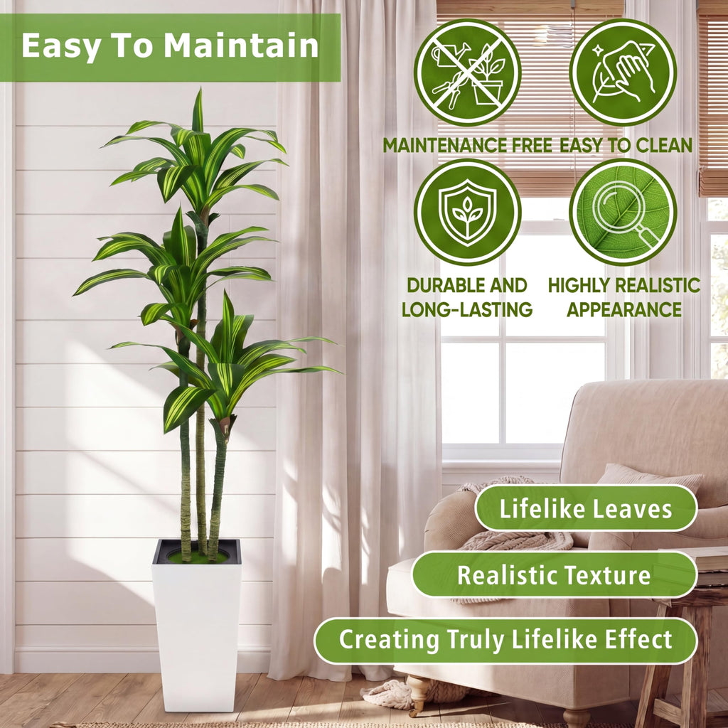 6FT Dracaena Artificial Plants Indoor, with White Tall Planter