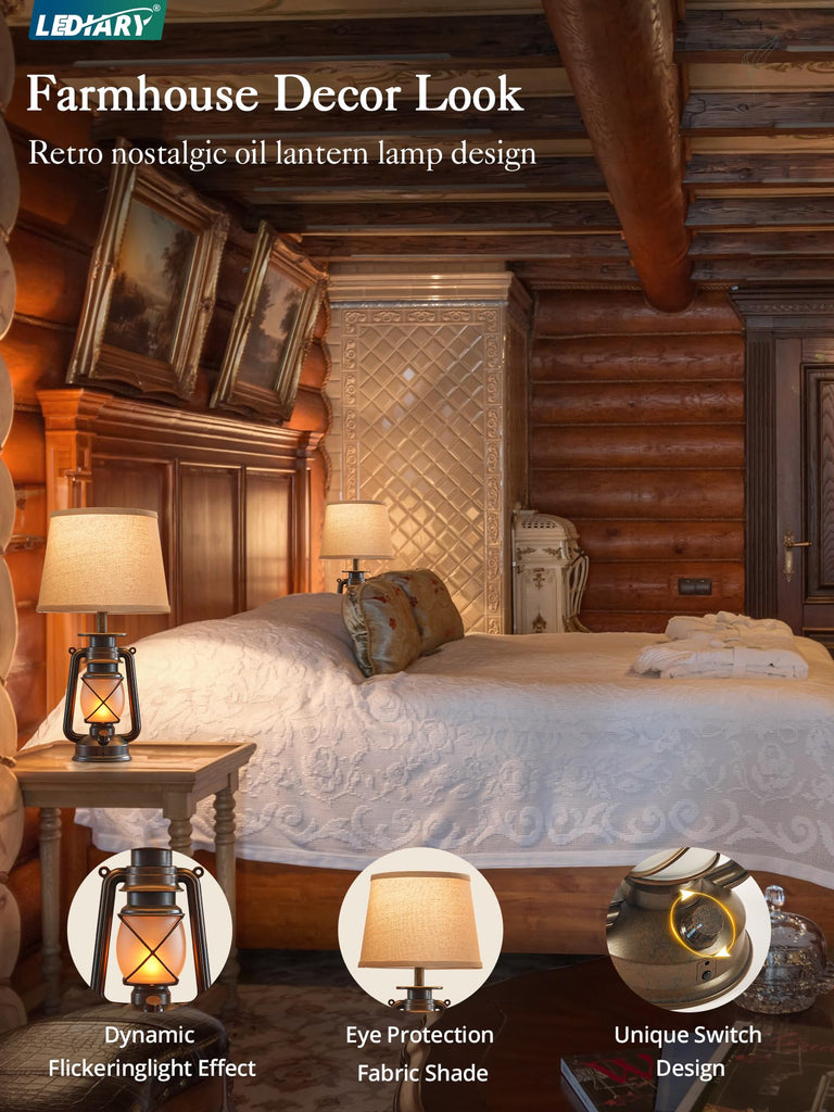 18.72" Farmhouse LED Lantern Flickering Flame Table Lamps Set of 2