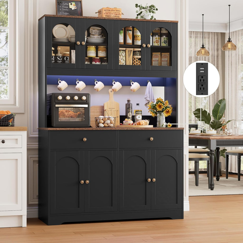 71" LED Kitchen Pantry Cabinet with Power Outlet, Tall Hutch, Black | Coffee bar Hutch Cabinet with 2 Storage