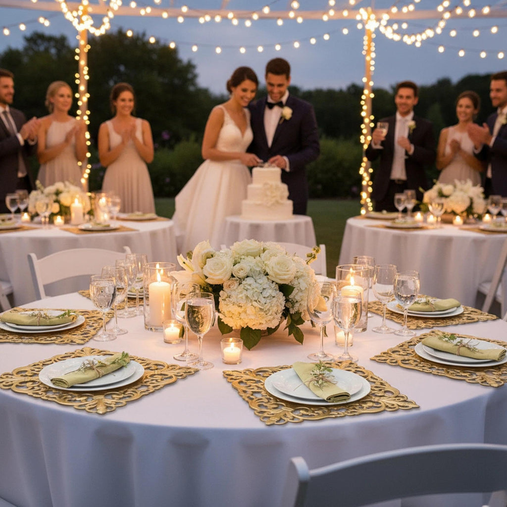 12 Pack, 12" Square Chargers for Dinner Plates, Gold Plate Chargers with Embossed Rims, Plastic Charger for Wedding
