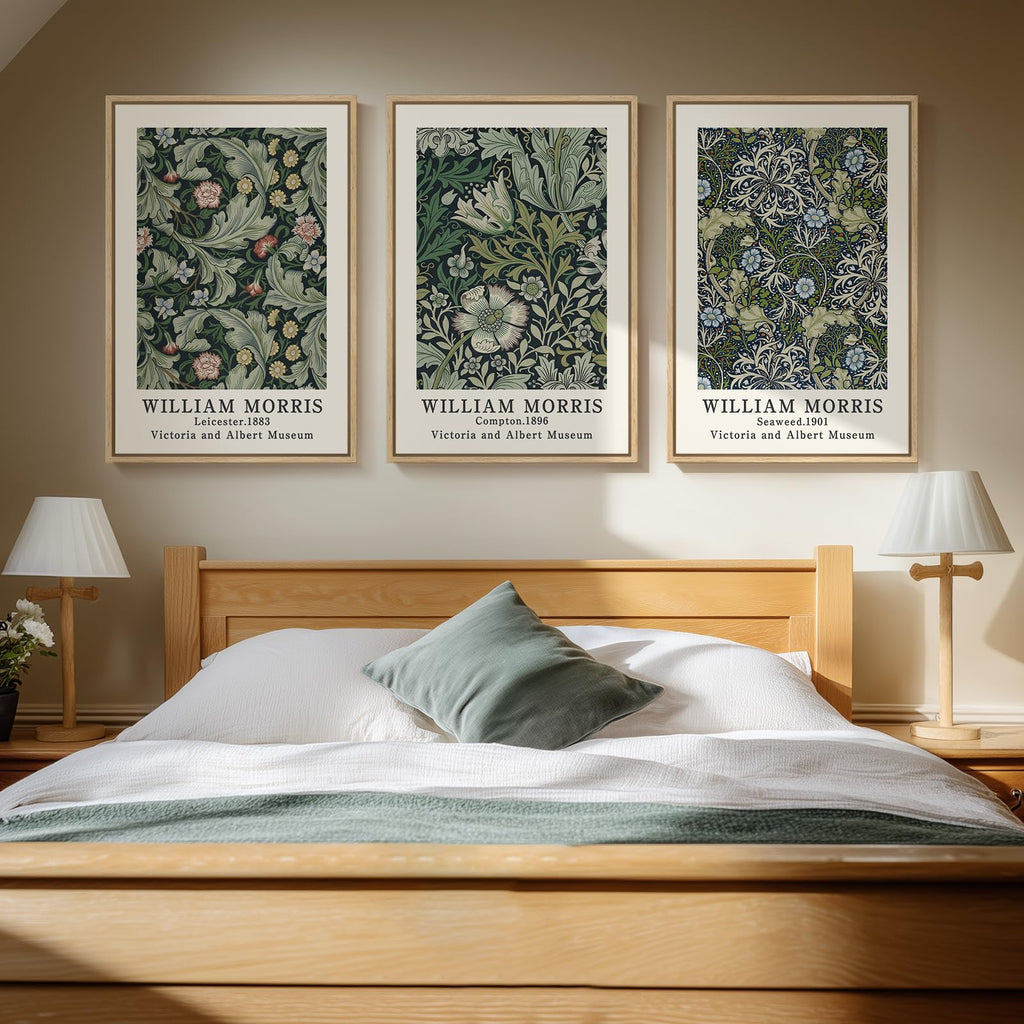 Large Framed Vintage Green William Morris Wall Art, 3 Piece