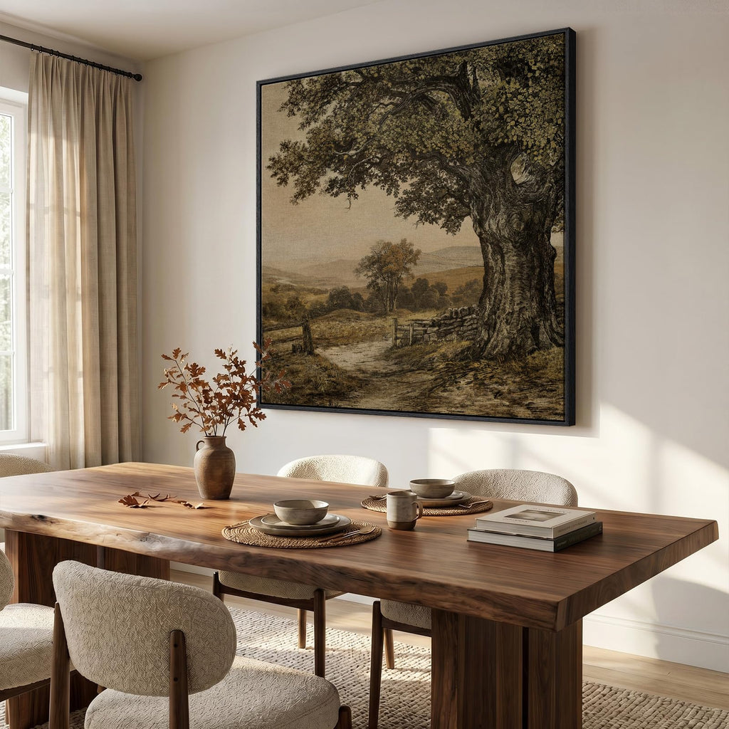Extra Large Framed Vintage Tree Landscape Wall Art, Square