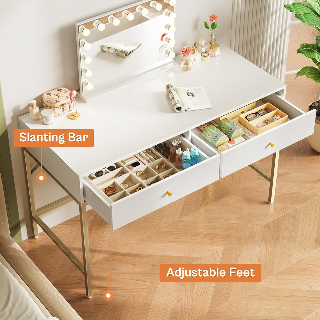 Vanity Desk with Drawers, 47 inch Computer Desk, Modern Simple Home Office Desks, Makeup Dressing Table - White and Gold